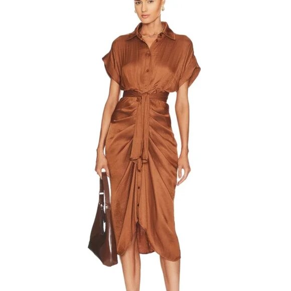 Steve Madden Dresses & Skirts - Steve Madden Copper Metallic Satin Midi Shirt Dress Mocha Bisque Tori New Size 6